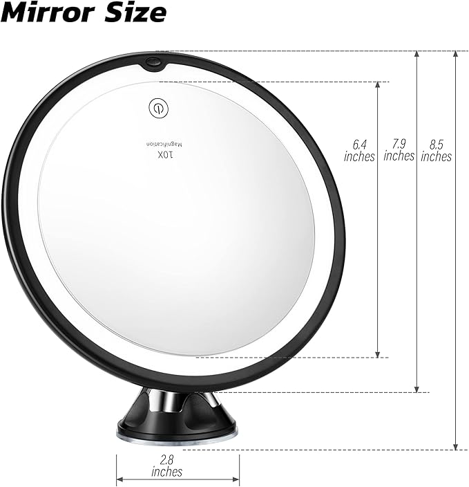 10x Magnifying Mirror with Light – 7.9" Make up Mirrors Lighted Magnifying and Suction Cups – Easy to Handle Lighted Makeup Mirror– 360 Degree Swivel Joint