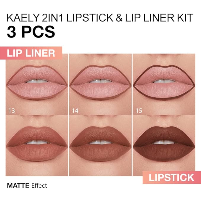Kaely 3Pcs Gradient Matte Lipstick Lip Liner Pencil Set for Women, 2in1 Flawless Contour Gradual Ombre Effect Lip Pencil Makeup Waterproof, labiales mate 24 horas originales, 13+14+15