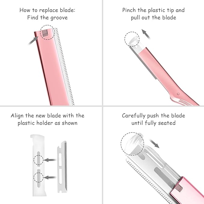 Dermaplane Razor for Women Face, Stainless Steel Handle with 6 Replaceable Blades, Huauoo Face Razors for Women, Peach Fuzz Remover, Eyebrow Trimmer, Dermaplaning Tool for Face Exfoliation (Pink)