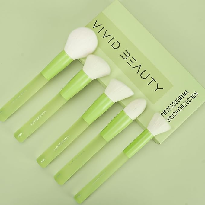 5pcs Green Face Makeup Brushes – Soft Synthetic Bristle Powder, Bronzer, Blush Brush Set – Comfortable Non-Slip Rubber Handles – Cruelty-Free Make up Tools – Perfect for Blending, Contouring & More