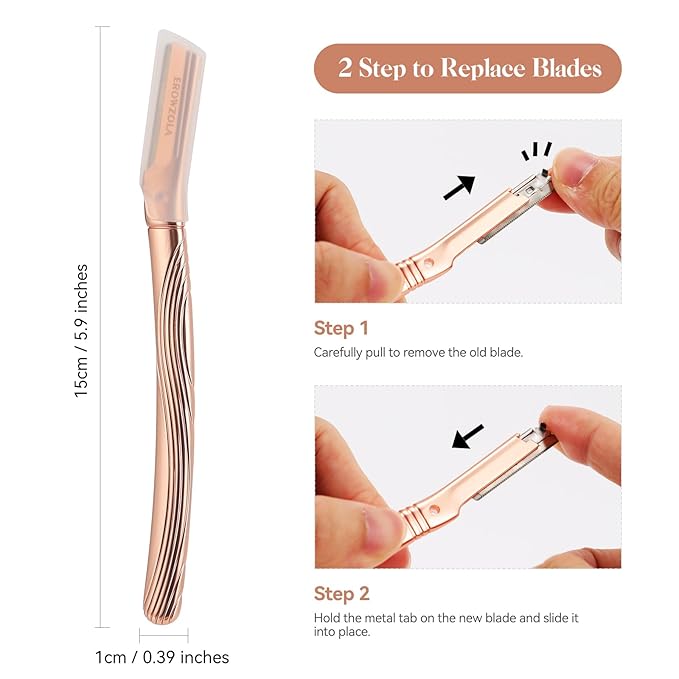 Eyebrow Razor, Face Razors for Women and Men, Reusable Metal Handle with 6 Refill Blades, Eyebrow Trimmer with Precision Cover, Dermaplane Razor, Skin Care Tool - Rose Gold
