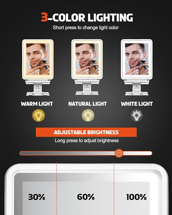 Heated Shower Mirror Fogless for Shaving, 3 Color Dimmable Lights Shower Mirror Fogless, Rechargeable Anti-Fog Shaving Mirror with Razor Holder, Storage Tray, Squeegee