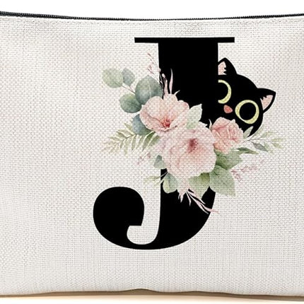 Floral Cat Initial Makeup Bag, Personalized Skin Care Bag, Travel Organizer Toiletry Bags for Women Mom Friends, Cosmetic Bags Makeup Pouch with Zipper, Letter J