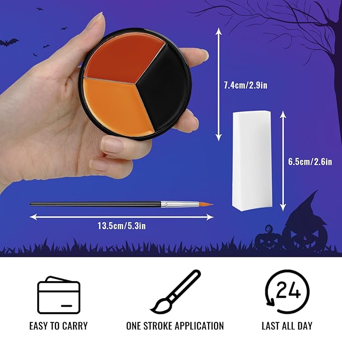 Black Red Orange Face Body Paint + 3PC Sponge + Brush, Colored Eye Black for Baseball Softball Sport Games, Face Painting Kit for Halloween Makeup, Pumpkin Cosplay, Costume, SFX Makeup, Theme Parties