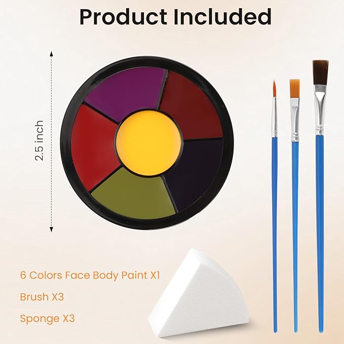 6 Colors Face Body Paint + 6pcs Sponge + 3pcs Brush, 【Full Coverage】【Skin Friendly】【Long Lasting】, Professional Paint Makeup Product For Halloween/Masquerade/Cosplay/Movie Makeup