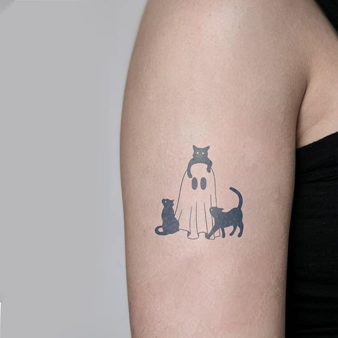 Ghost & Black Cat Temporary Tattoos – 6 Cute & Playful Designs, Fun Ghost and Cat Art, Realistic & Long-Lasting for Adults