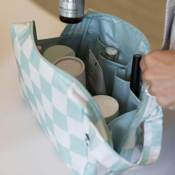 Tiny Twinkle Portable Waterproof Makeup Bag | Travel-Friendly Cosmetic Organizer with Convenient Carry Handle | Spacious Interior, and Secure Zipper Closure (Sage Checkers)