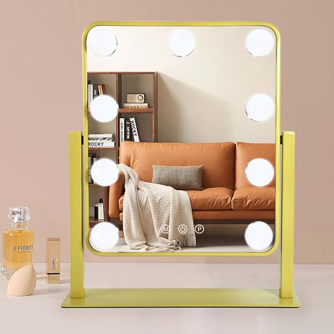 Gold Light Up Vanity Mirror,Make Up Mirror with Lighting, Lighted Makeup Mirror with Magnification, Touch Control Design 3 Colors Dimmable