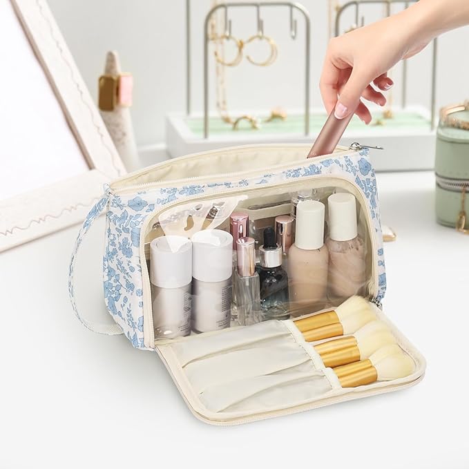 Small Makeup Bag, Travel Make Up Pouch, Floral Cosmetic Organizer Case for Women, Cute Toiletry Bag with Portable Handle