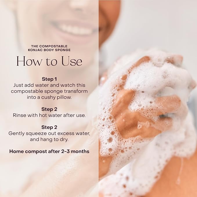 The Compostable Konjac Sponge, 100% Natural Plant-Fiber Cleansing & Reusable Shower Sponge for Smoother Skin, Gentle Exfoliation, 1 Each