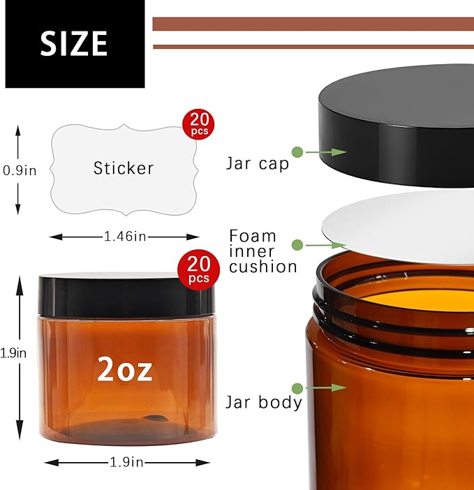 20 Pack 2 oz Small Amber Plastic Jars with Lids and Labels, Refillable Round Brown Mini Cosmetic Containers, Reusable Airtight Jars for Lotion Cream Body Butter Ointment Travel Storage