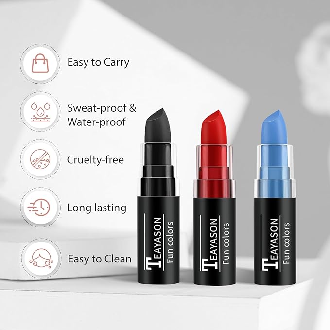 Red Blue Black Face Paint Halloween Makeup Kit, Matte Lipstick Set Football Baseball Eye Black Stick, Body Paint Face Makeup for Halloween Zombie Clown Vampire Joker