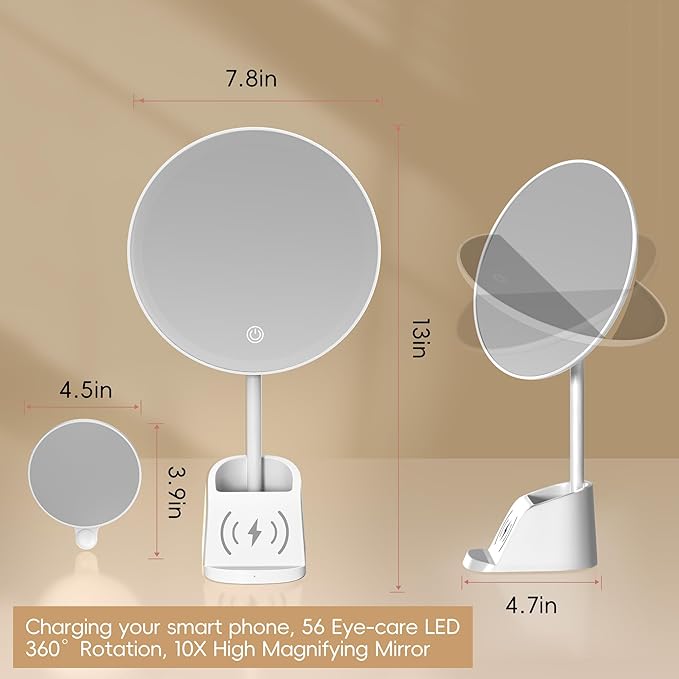 Yls Rechargeable Lighted Makeup Mirror with 1x/10x Detachable Magnification, Vanity Mirror with 3 Color Adjustable Lighting,Qi-Enabled Charging,and 360 °Rotating Design