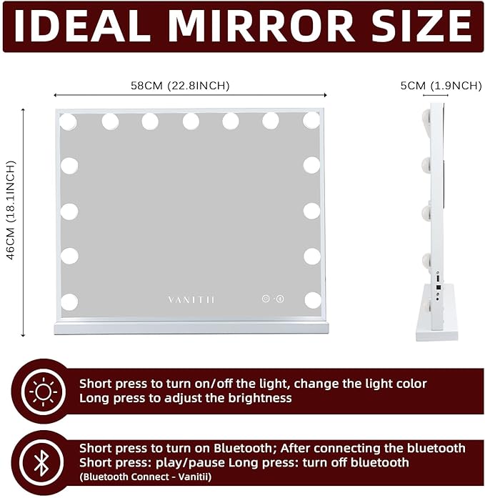 VANITII Vanity Hollywood Mirror with Lights Speaker USB Charging Lighted Makeup Mirror with Bulbs 3 Lighting Modes and Desktop Light up Mirror for Bedroom Dressing Room