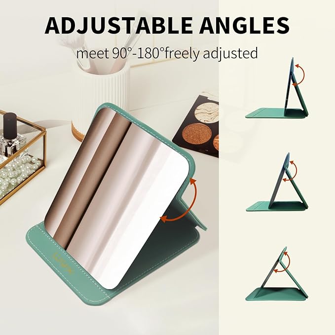 Foldable Travel Makeup Mirror, Adjustable Angle Portable Standing Vanity Mirror, Compact PU Leather Design for Home/Camping/Desktop Use, Fresh Green (8.4"x6")