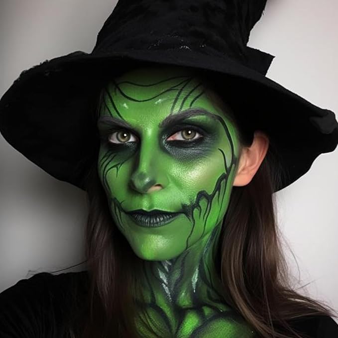 Green Face Paint with Fake Nose Witch Makeup Kit Halloween Character Set for Kids Adults, Safe Non-Toxic Cream Face Painting Kit for Stage, Costume Party, Dress Up Cosplay & Special FX Make-Up