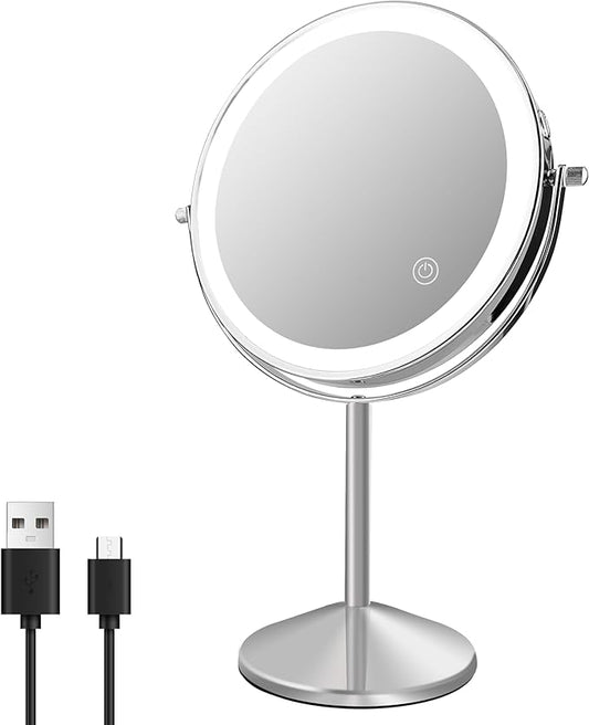 Ysenchan Lighted Makeup Mirror, 8'' Rechargable LED Vanity Magnifying Mirror, Double Sided 5X Manification Mirror with Stand, Cosmetic Standing Desk Mirror