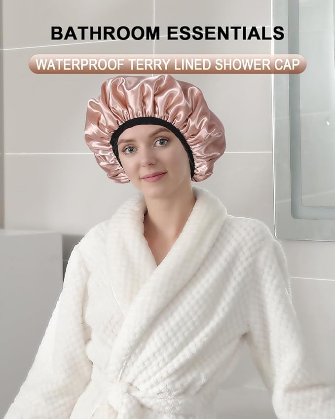 YIZIJIZI Triple Layer Reusable Waterproof Shower Cap for Women Large Terry Lined Hair Cap for Long Thick Hair Travel Bath Care khaki