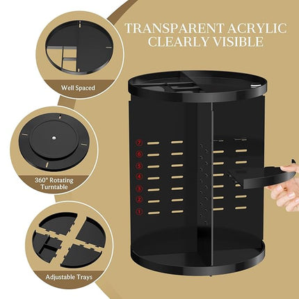 Makeup Organizer 360 rotating, Adjustable Skincare Organizers with Brush Holder, Cosmetics Display Cases for Vanity Bathroom Countertop Large Capacity Carousel Make up Caddy Shelf (Black)
