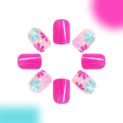 Short Press on Square Flower Fake Nails - Colorful Glue on Pink Flowers Acrylic Full Cover False Nails - Spring Petite Stick on Nails for Women Girls - 24 Pcs