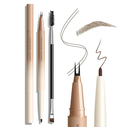 KYDA Microblading Eyebrow Pen, Dual-Ended Eyebrow Pencil with 2-Fork-Tip&Gel Eyeliner for Women, Eye Brow Pen with Gel Eyeliner, Microblading Eye Brow Pencil with Hair Like Stroke, Coffee Brown