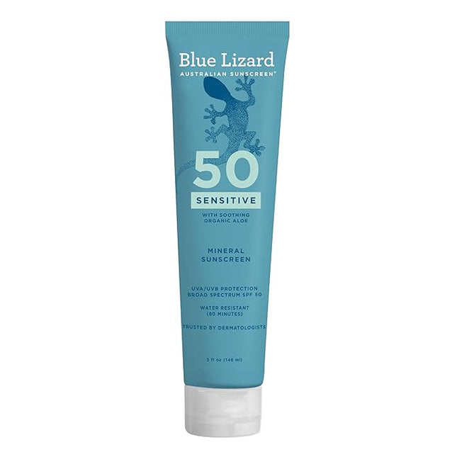 Blue Lizard Sensitive Mineral SPF 50 Sunscreen Lotion, 100% Mineral Sunscreen, UVA/UVB Protection, Infused with organic Aloe Vera, Soothes and Hydrates, 5 fl oz | with Zinc Oxide, 50+, Water Resistant, UVAUVB Protection, Sensitve