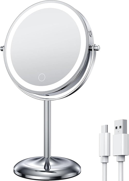 Gospire 7" Lighted Makeup Mirror with Magnification 10X/1X, Rechargeable Cordless Stepless Dimming LED Lights, 360° Swivel Magnifying Cosmetic Vanity Standing Mirror for Dresser, Bathroom
