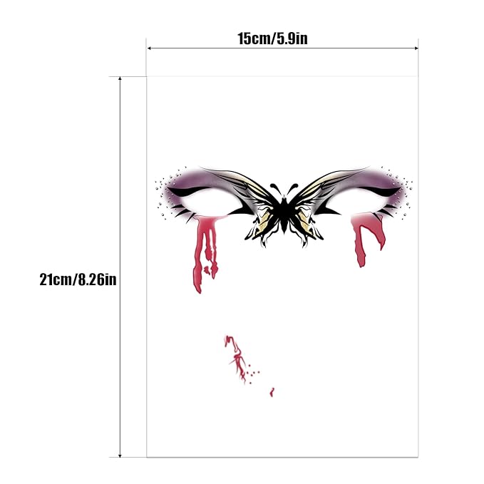 Halloween Face Tattoo, Face Temporary Tattoos with Butterfly & Blood Tears Design, Face Temporary Tattoo Sticker, Halloween Makeup Tattoo Stickers for Adults Halloween Stage Masquerade Party 8Pcs