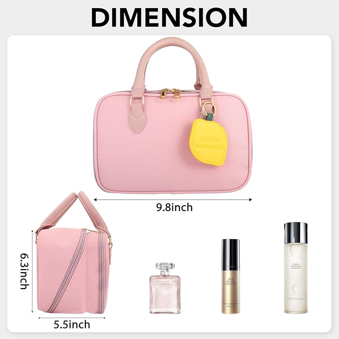 Travel Makeup Bag for Women Fashion Large Capacity Pouch Open Flat Cosmetic Portable Organizer Waterproof Large Opening Storage Toiletry Bags Vertical Free-Standing Brush Holder for Easy Access Pink