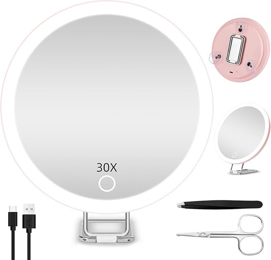 30X Magnifying Mirror with Lights, 6inch Makeup Magnifying Mirror, Travel 30x High Magnification with 3 Color Dimmable Lights - 3 Suction Cups & Adjustable Stand, for Detailed Makeup/Shaving