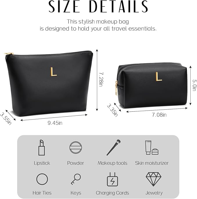 Women Gifts | Initial Makeup Bag Set for Girl Personalized Gifts for Bridesmaid Friend Graduation Teachers PU Leather Cosmetic Travel Toiletry Bag(Black,L)
