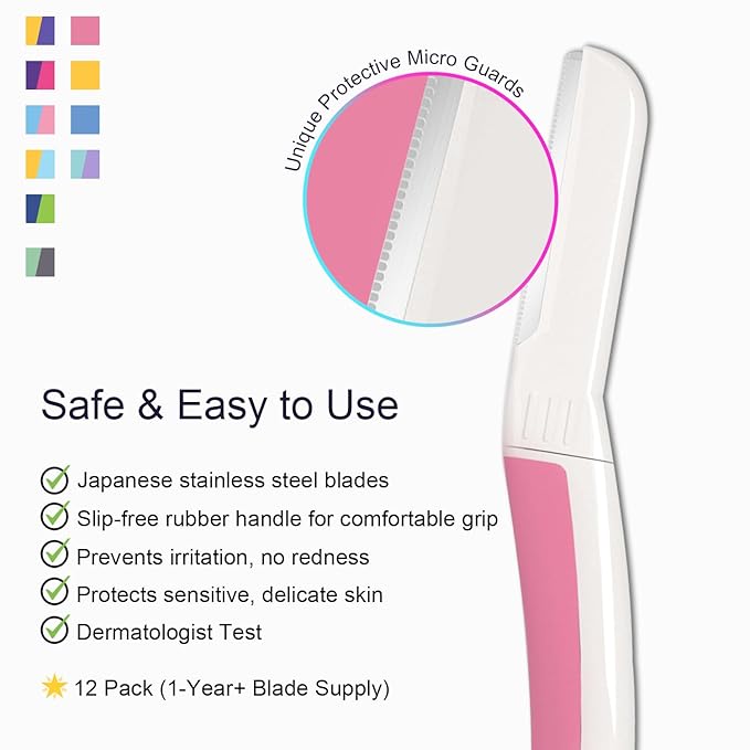 Dermaplane Razor for Women Face - Facial Razor for Women - Eyebrow & Face Razors, Exfoliating Microblades, Peach Fuzz Remover, Dermaplaning & Skin Care Tool, Travel Essentials, (12 pcs, Pearl Blush)