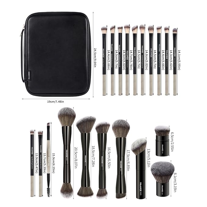 MAANGE 20 PCS Makeup Brush Set with Bag, Double-ended Kabuki Brush Foundation Contour Brush for Liquid Powder Concealer Eye Shadows Cream Cosmetics Blending Blush Face Makeup Tools with Case (Black)