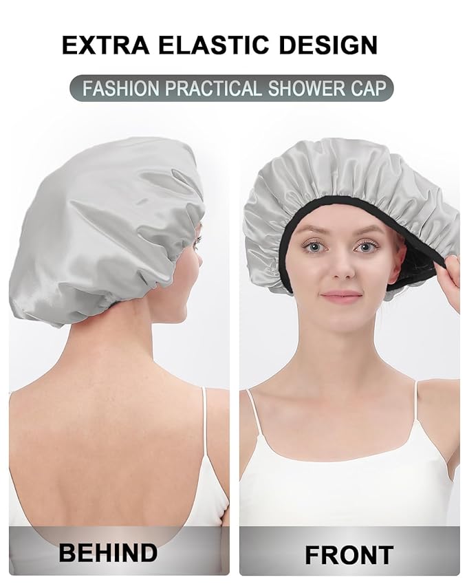 YIZIJIZI Triple Layer Reusable Waterproof Shower Cap for Women Large Terry Lined Hair Cap for Long Thick Hair Travel Bath Care Grey