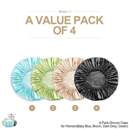 Shower Cap for Women Reusable Extra Large Shower Caps for Men Satin Double Layer EVA Waterproof Long Hair Caps(Baby Blue, Brown, Dark Grey, Green 4 Pack)