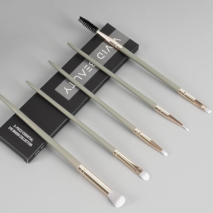 Eye Makeup Brush Set 5pcs - Eyeshadow, Blending, Concealer & Dual-Ended Brow Brushes - Small Travel Make up Tools with Wood Handle & Fluffy Bristles for Natural, Smoky and Glam Eyes Looks (Grey)