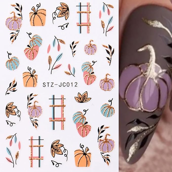 Fall Pumpkin Nail Art Stickers Decals 3D Maple Leaf Thanksgiving Day Nail Stickers Nail Art Supplies 6PCS Autumn Maple Leaves Nails Adhesive Decals Manicure Sliders for Women DIY Nail Decorations