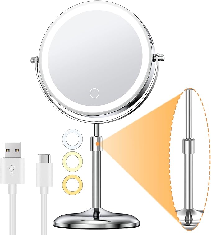 Gospire 7" Lighted Makeup Mirror with Magnification 10X/1X, Height Adjustable & 3 Color Dimmable Lights, 360° Swivel Double Sided Light up Rechargeable LED Cosmetic Vanity Cordless Standing Mirror