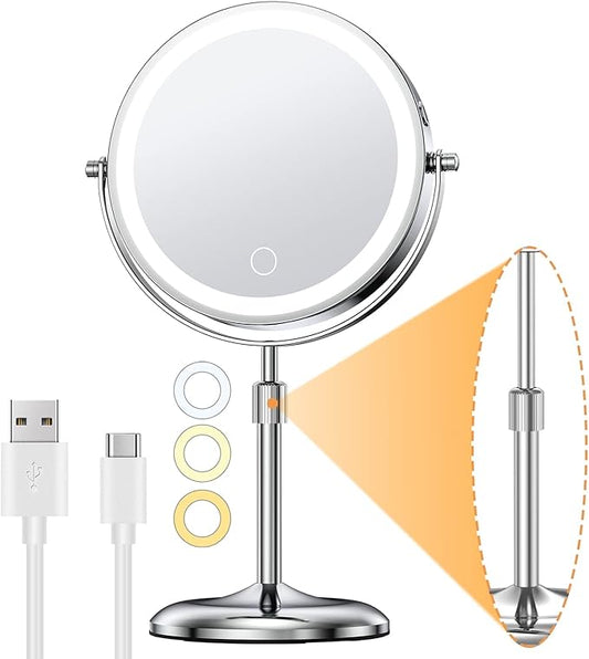 Gospire 7" Lighted Makeup Mirror with Magnification 10X/1X, Height Adjustable & 3 Color Dimmable Lights, 360° Swivel Double Sided Light up Rechargeable LED Cosmetic Vanity Cordless Standing Mirror