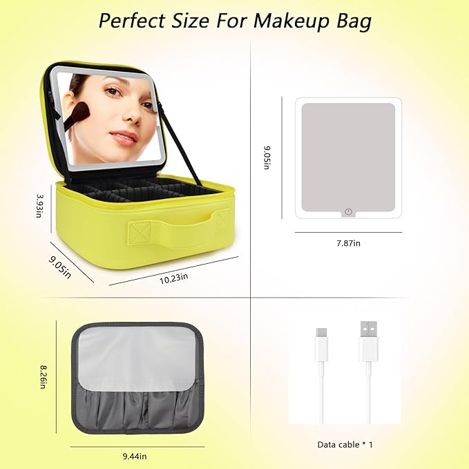 Travel Makeup Bag with LED Mirror Travel Makeup Organizer with 3 Lighted Settings, Adjustable Dividers and Makeup Brush Storage Bag Yellow