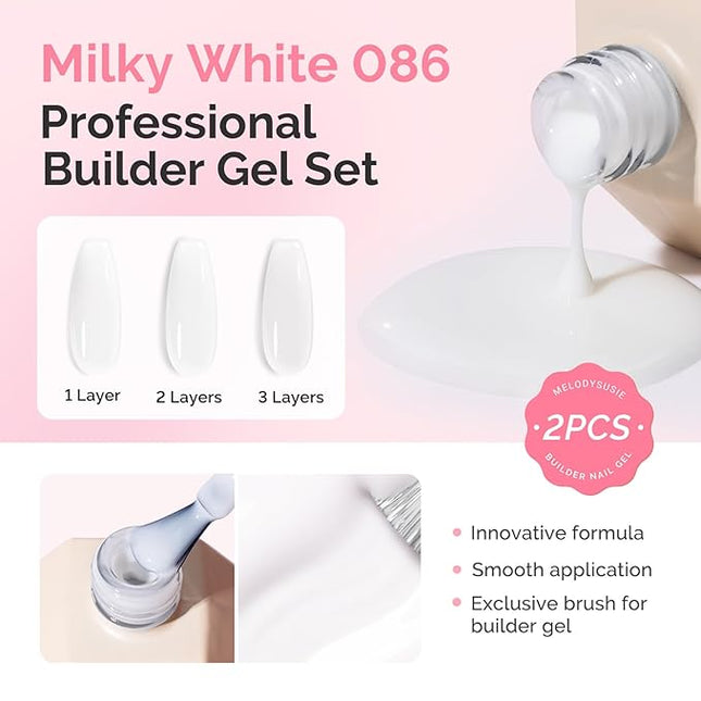 MelodySusie 2PCS 15ML Milky White Builder Nail Base Gel for Nails Thickening,Soak Off UV Extension Gel,Rhinestone Glue in a Bottle for Nail Art Design Gift for Women DIY Manicure at Home 086 * 2