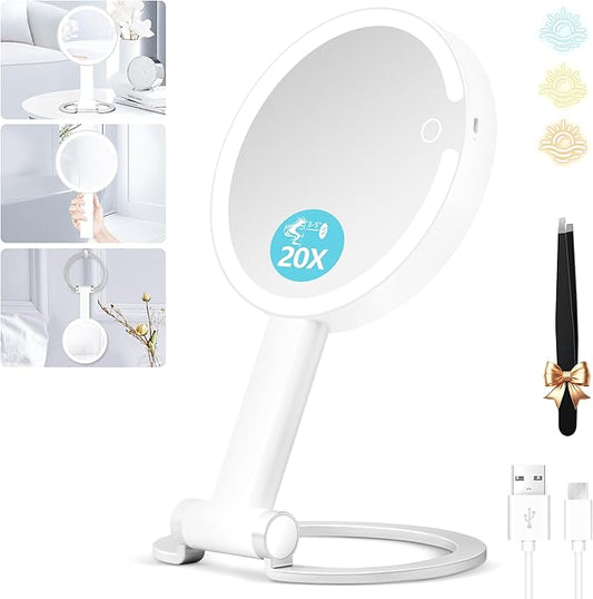 Makeup Mirror with Lights, 20X Magnifying Mirror with Light and Adjustable Brightness,Vanity Mirror with Lights and 3 Colors, 2-Sided Travel Mirror with Light, Tabletop Mirrors for Home and Outside