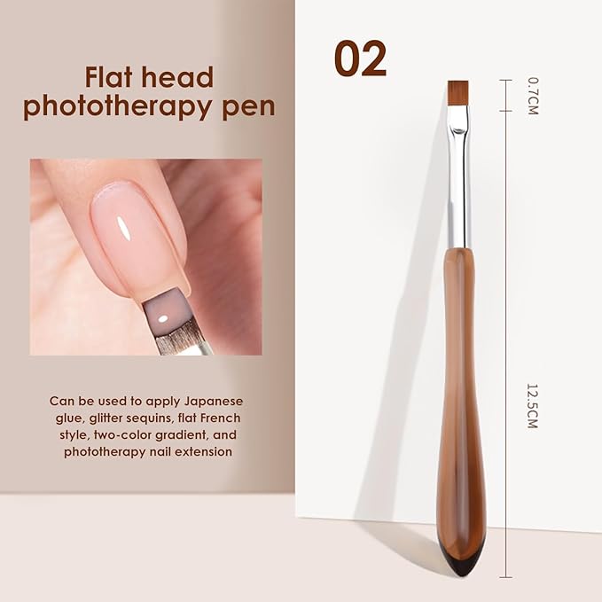 Flat Head Nail Art Brush Phototherapy Pen for Gel Polish, Glitter, French Tips, Two-Tone Gradients, and LED/UV Nail Extensions, 02