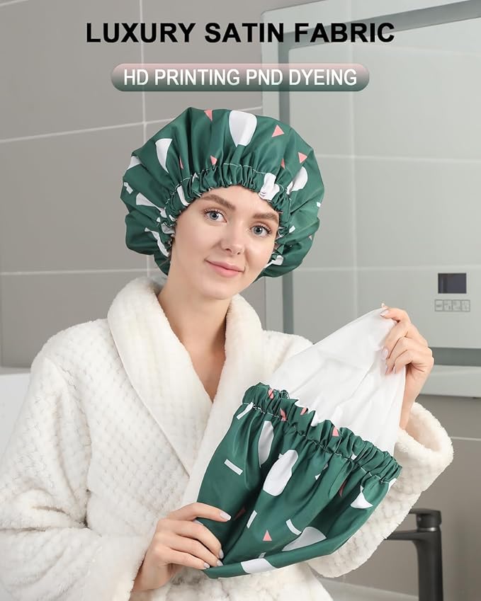 YIZIJIZI Shower Cap,Shower Caps for Women Reusable Waterproof,Two Layer Large Shower Caps Reusable Suitable for All Types of Straight Hair, Curly Hair, Long Hair,Braids (green)