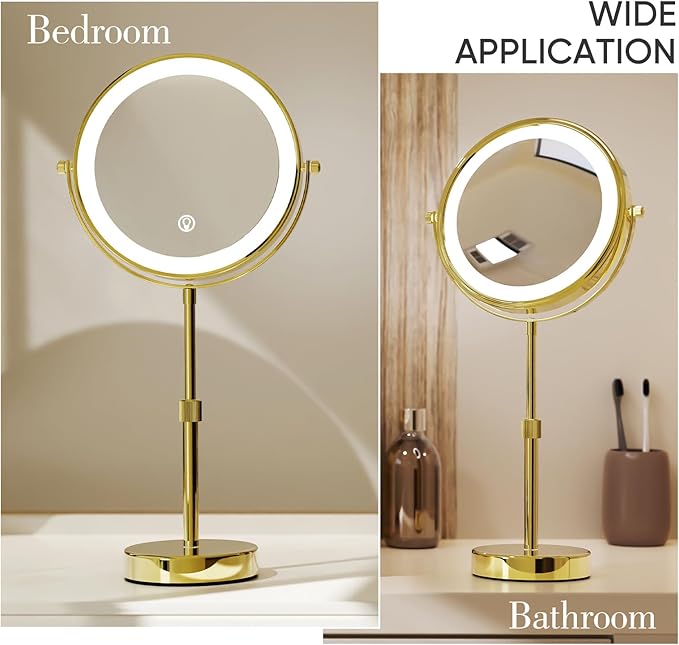 Nicesail 8” Rechargeable LED Magnifying Makeup Mirror with 3 Color Lights and 10X Magnification, Height Adjustable Stand up Lighted Magnifying Mirror, Double Sided 360°Rotation, Shiny Gold Finish