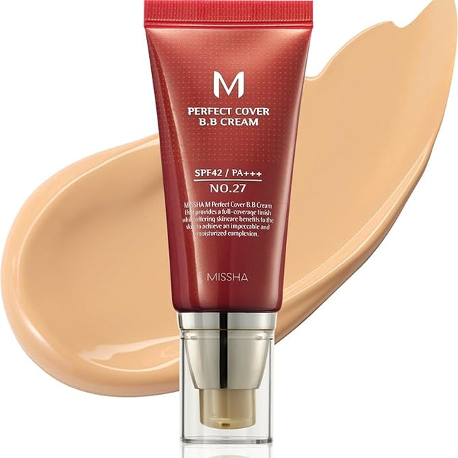 MISSHA M Perfect Cover BB Cream No.27 Honey Beige - Medium with Neutral/Warm Undertone SPF 42 PA +++ 1.69 Fl Oz - Tinted Moisturizer for face with SPF