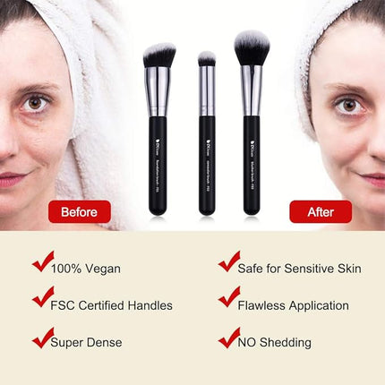 DUcare Makeup Brushes 3Pcs Foundation Contour Bronzer Brush,Concealer Brush,Blusher Powder Brush, Face Kabuki Travel Buffing Stippling Liquid Blending Makeup brush set Black