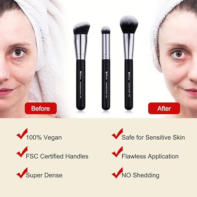 DUcare Makeup Brushes 3Pcs Foundation Contour Bronzer Brush,Concealer Brush,Blusher Powder Brush, Face Kabuki Travel Buffing Stippling Liquid Blending Makeup brush set Black