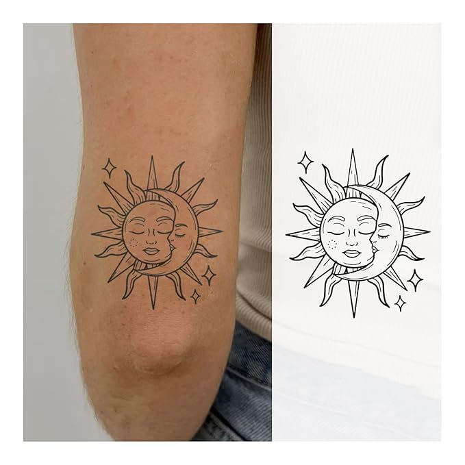 Sun & Moon Temporary Tattoo – Black & White Sketch, Elegant Celestial Design, Realistic, Waterproof & Long-Lasting for 2 Weeks, Ideal for Arm, Neck & Shoulders