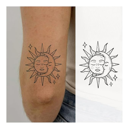 Sun & Moon Temporary Tattoo – Black & White Sketch, Elegant Celestial Design, Realistic, Waterproof & Long-Lasting for 2 Weeks, Ideal for Arm, Neck & Shoulders